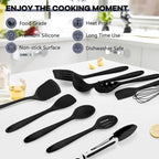 TeamFar Silicone Cooking Utensils, 10 pcs Kitchen Cooking Utensils Set, 446°F Heat Resistant Kitchen Gadgets Tools Set w/Spatula, Turners, Spoons, Soup Ladle, Pasta Server for Nonstick Cookware, Black