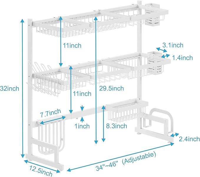 PUSDON Over Sink Dish Drying Rack Stainless Steel, Adjustable Large Dish Drainer for Storage Kitchen Organization White 3 Tier - Standard(34"-46")