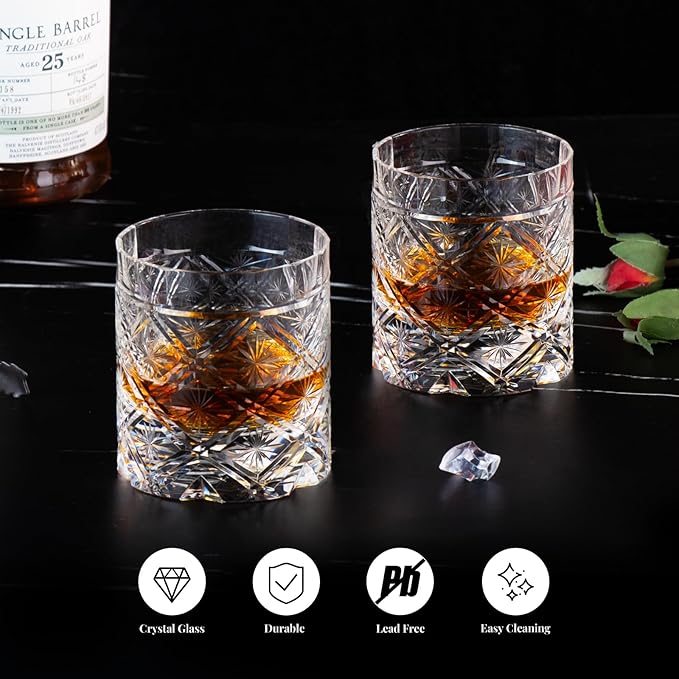 KAMMAK Old Fashioned Crystal Whiskey Glasses Set of 2, 8.45 oz (250 ml) Handmade Thick Base Tumbler with Delicate Rim & Seamless Design for Scotch, Bourbon, Cocktails, Lead-Free Barware