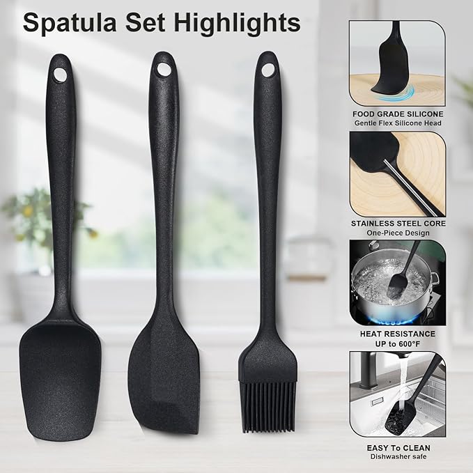 13-Piece Measuring Cups and Spoons Set with 3-Piece Black Silicone Spatula Set, BPA-Free, Dishwasher Safe Baking and Cooking Tools