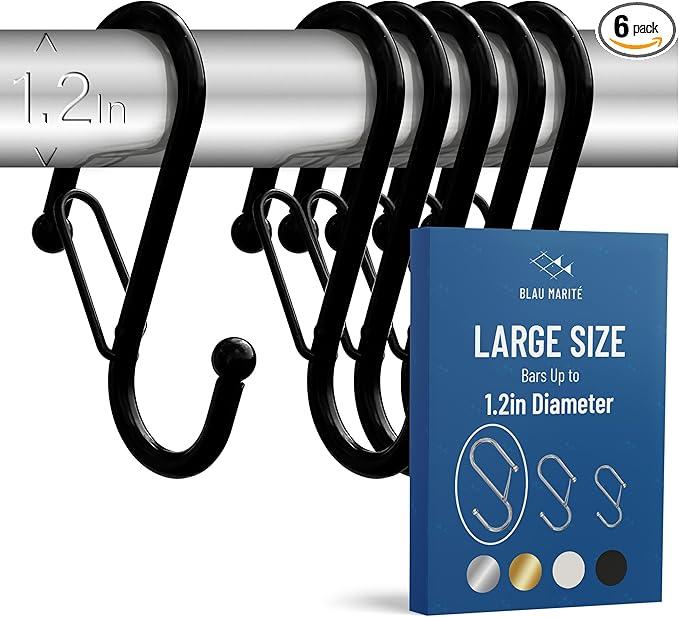 6 S-Shaped Hooks with Anti-Fall System. Anti Drop S-Shaped Hook with Safety Buckle to Prevent Falls. Heavy Duty. (Black, 4in Long (Diameter Rod<1.2in))