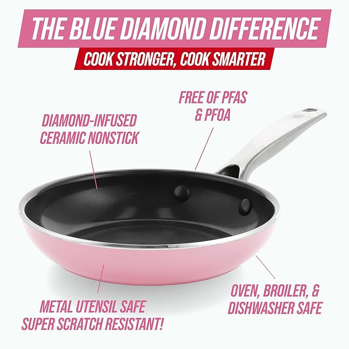 Blue Diamond 8" Nonstick Frying Pan Skillet, Diamond Infused PFAS & PTFE-Free Ceramic Pot, Dishwasher & Oven Safe, Stay Cool Handle, Durable Non Toxic Metal Utensil Safe, Egg & Omelet Pan, Pink