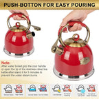 Tea Kettle, Stovetop Whistling Teapot, Stainless Steel, Red, 3.0-Quart