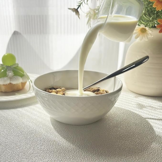 18-Piece Bone China Dinnerware Set for 6, White Porcelain Plates and Bowls with Textured Design, Lightweight Microwave Dishwasher Safe for Family Dining