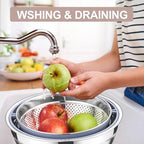 E-far Colander with Mixing Bowl Set, 4-1 Stainless Steel Colander Strainers Bowl with Graters for Kitchen, Rotatable Food Strainer Bowl for Rinsing Fruits Vegetables/Draining Pasta - Khaki
