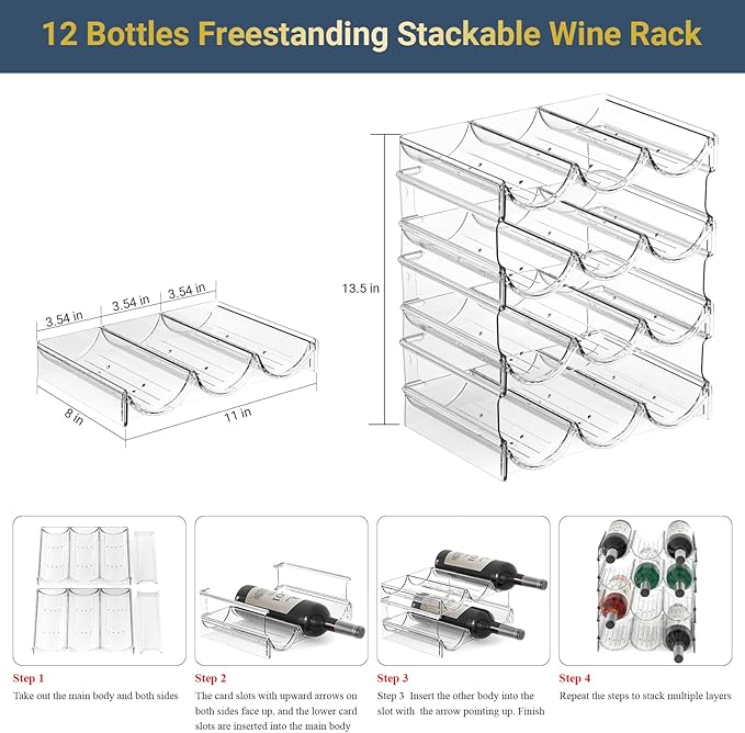 Plastic Water Bottle Organizer and Wine Rack Storage Holder,4 Tier 12 Containers Stackable Free-Standing Bottle Storage Rack for Kitchen Countertops, Table Top, Pantry, Bars, Cabinets, Fridge - Clear