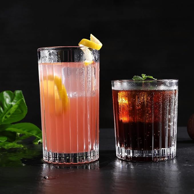 Premium VertiLine 13.5oz Highball Glasses, 6pc Tall Glass Sets. Lead-Free Crystal Drinking Glasses. Water Glasses, Mojito Glass Cups, and Mixed Drink Cocktail Glass Set. (Tall glasses)
