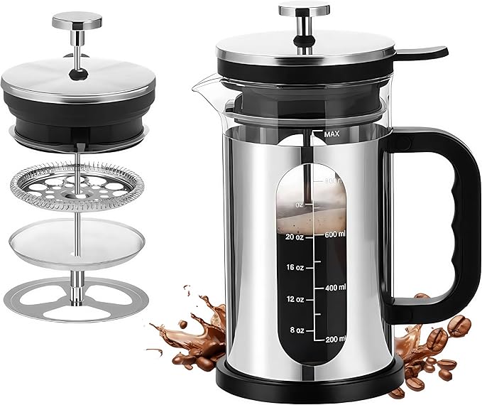 Camping 34oz French Press Coffee & Tea Maker - Heat Resistant Borosilicate Glass, Stainless Steel Outer, Press On Lid, Portable Travel Design, BPA Free