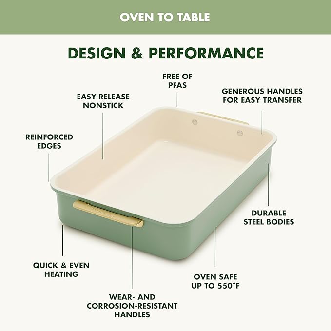 GreenPan Bakeware Rectangular Cake Pan, Ceramic Nonstick Baking Pan, PFAS & BPA Free, Gold Handles, Durable Steel, Freezer to Oven Dish, Scratch Resistant, Bake & Roast Ovenware, Sage Green