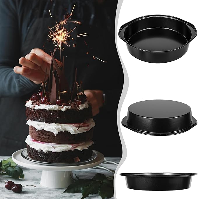 8 Inch Cake Pan, Nonstick 4 Pack Round Cake Pans with 100PCS Pre-cut Parchment Paper for Birthday Christmas, Durable Circle Cake Pan Sets with Handle for Baking Multi-Layer Cakes, Dishwasher Safe