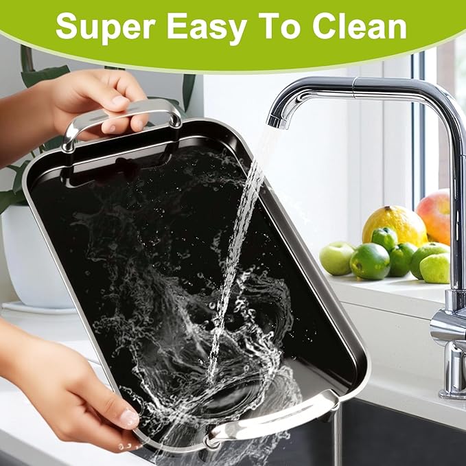 3 Pack Serving Tray with Handles, Stackable Reusable Trays for Serving Food, Plastic Serving Platters for Party, Charcuterie, Fruit, Appetizer, Black Silver