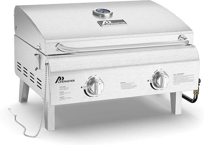 Portable Stainless Steel Gas Grill - 2 Burners Easy Clean Tabletop BBQ Propane Gas Grill with Foldable Legs and Wind Proof Lid for Camping and Outdoor - Silver