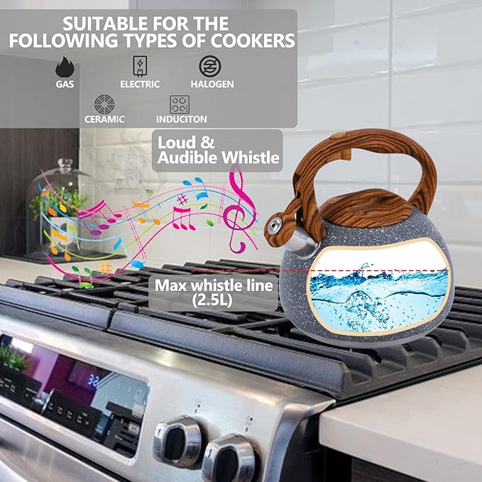 Tea Kettle, 3.2 Quart Whistling Tea Kettle Stovetop, Tea Pots for Stove Top Food Grade Stainless Steel with Wood Pattern Handle, Grey Teapot