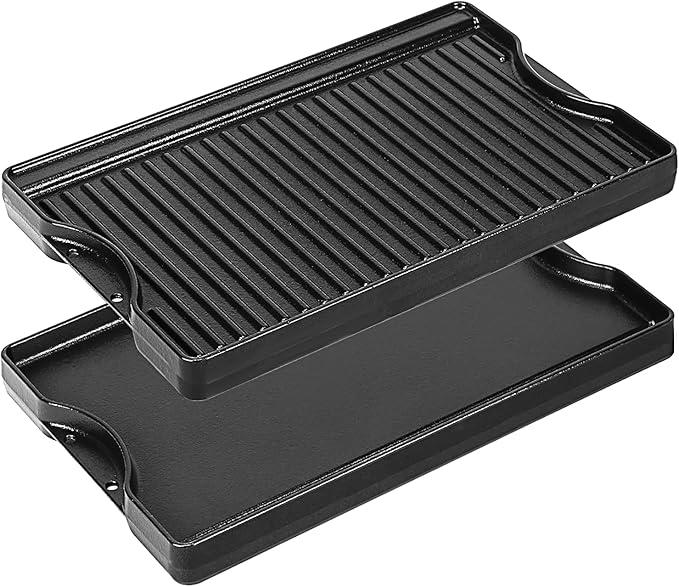 Utheer Nonstick Reversible Cast Iron Griddle 16.5" x 10.5", Ceramic Cooking Surface, Flat & Ribbed Sides, with High Sides & Grease Trap, Stovetop Griddle for Gas Grill, Charcoal, Oven & Outdoor BBQ