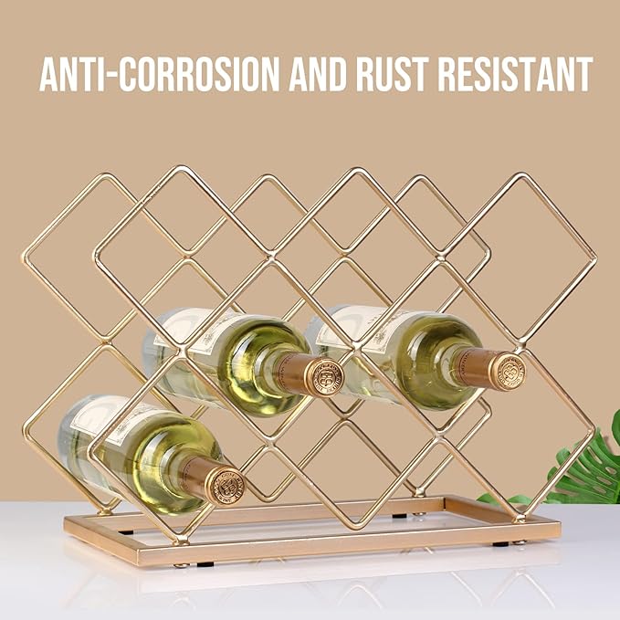 Countertop Wine Rack - 10 Bottle Freestanding Modern Gold Metal Small Wine Rack - Tabletop Wine Holder Stand for Cabinet, Pantry, Wine Bottle Storage…