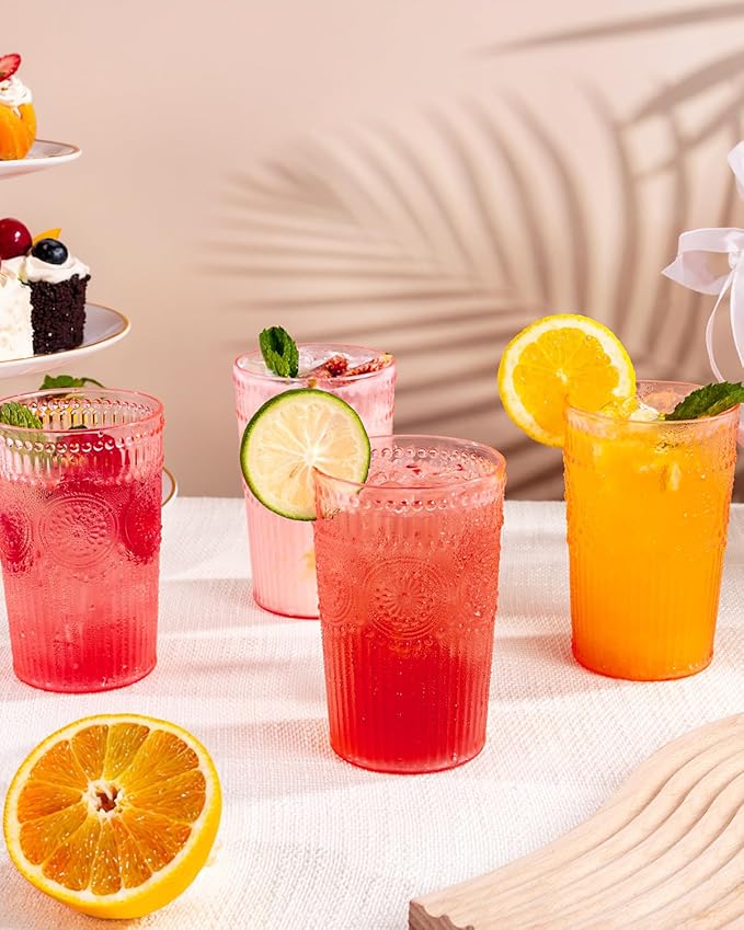 Ciaell 12 Pack Romantic Plastic Water Glasses - 14 Oz Pink Vintage Drinking Glasses, Embossed Ribbed Plastic Cups, Textured Striped Set for Juice, Beverages, Beer, Cocktail