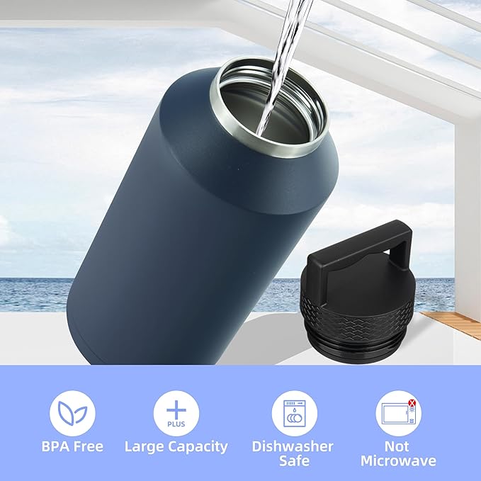 BJPKPK Half Gallon Water Bottle Insulated, Dishwasher Safe 64 oz Water Bottle with Handle, Leakproof BPA Free Water Jug, Large Stainless Steel Thermos for Sports, Black