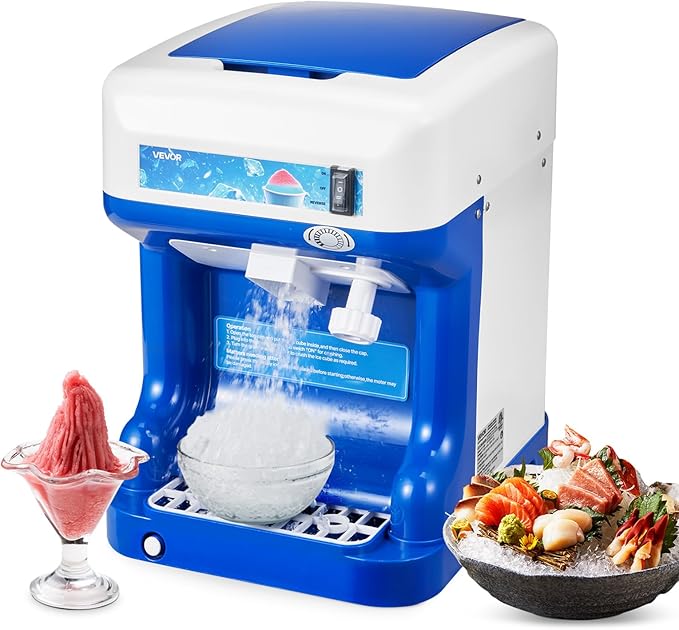VEVOR Commercial Ice Shaver Crusher,286lbs Per Hour Electric Snow Cone Maker with 2L Ice Cube Box, 250W 1500RPM Tabletop Shaved Ice Machine for Parties Events Snack Bar, Home and Commercial Use (Blue)