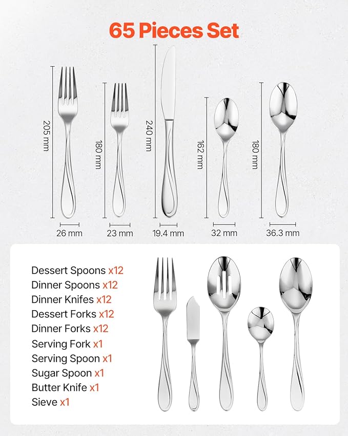 VEVOR 65-Piece Silverware Set, Food-Grade Stainless Steel Flatware Utensils, Mirror Finished Cutlery Set, Dishwasher Safe Eating Tableware for Kitchen Home, Service for 12, Include Knife Fork Spoon