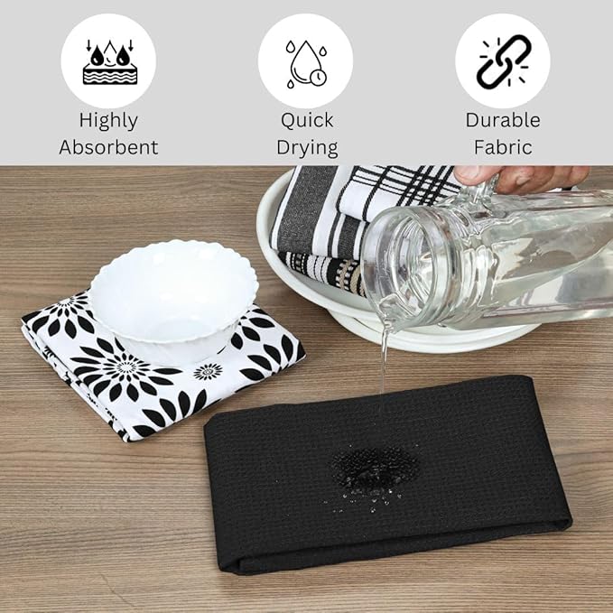 Assorted Kitchen Towels Large 16x26 Inch 100% Cotton Set of 5 - Dish Cloths Towels with Hanging Loop - Soft Absorbent Washable Tea Towels for Kitchen - Quick Drying Dish Towels Black