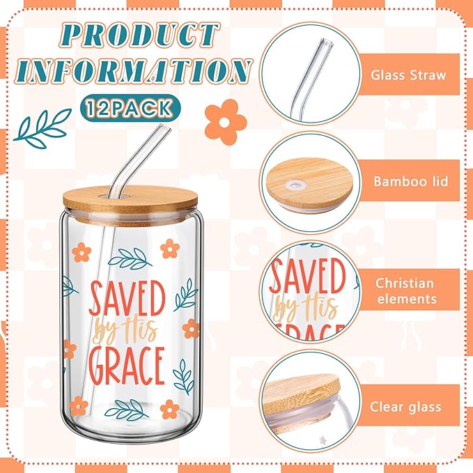 6 Pcs Christmas Jesus Christian Glasses 16 oz Drinking Glass Cup with Bamboo Lid and Glass Straw Can Shaped Beer Tumbler for Women Teenager Birthday Party Favor Christmas Appreciation Gift