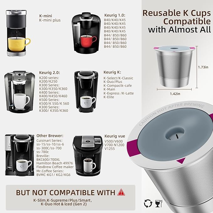 4 Pack Reusable K Cup Coffee Filters, Stainless Steel Refillable K Cup Coffee Pods for Keurig 1.0 and 2.0 Coffee Makers