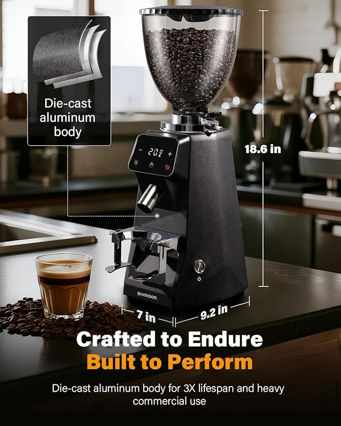 SHARDOR 64mm Flat Burr Commercial Coffee Grinder, Precision 100-Level Grind Settings, LED Touchscreen Interface, Die-Cast Aluminum Housing, 17.6oz Hopper, Anti-Static Technology