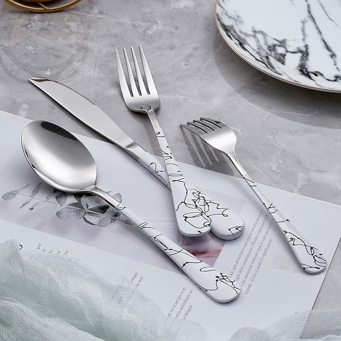 20-Piece White Silverware Set with White Handle 18/0 Stainless Steel Flatware Marbling Handle Cutlery Black Service for 4 Dinner Knives Forks Spoons Set Finish Dishwasher Safe