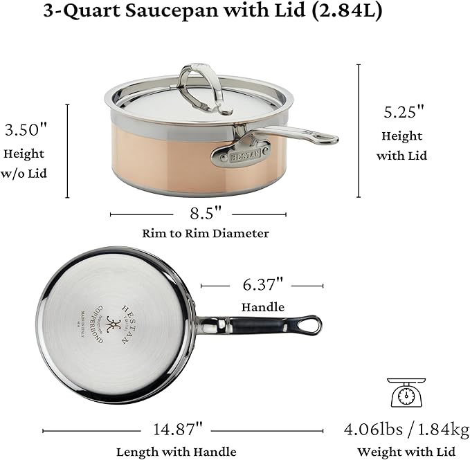 Hestan - CopperBond Collection - 100% Pure Copper Sauce Pan, Induction Cooktop Compatible, 3 Quart