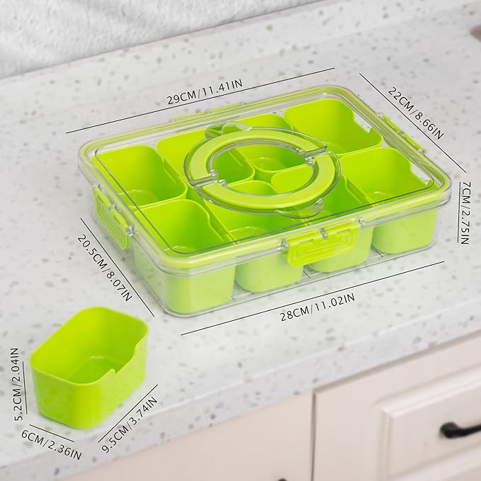 Divided Snack Serving Tray with Lid and Handle Travel Snackle Charcuterie Container Portable Storage Organizer for Candy, Fruits, Nuts, Snacks, Party, Picnic (1pack, Green)