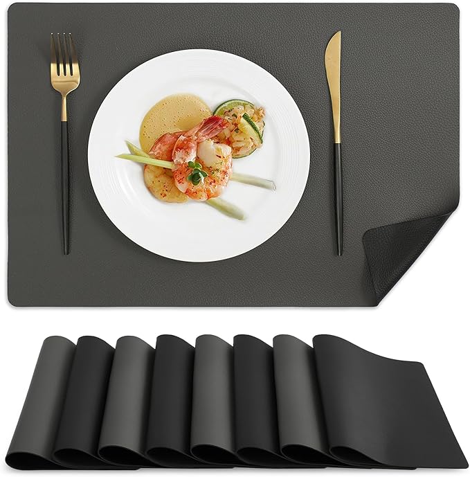 MOSAYT Vinyl Placemats Set of 8, Heat Resistant Place Mats 100% Waterproof Washable & Wipeable Faux Leather Reversible Table Mats for Kitchen Dining Party Indoor Outdoor, 12" x 17", Grey/Black