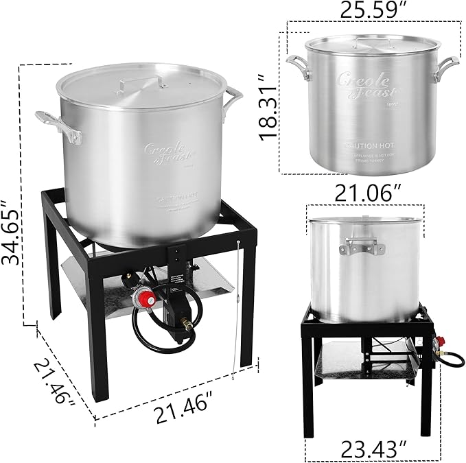 Creole Feast SBK1001 100 Qt Seafood Boiling Kit with Strainer, Outdoor Seafood Boil Pot and Basket with 100,000 BTUs Propane Burner and 10 PSI Regulator, Black & Silver