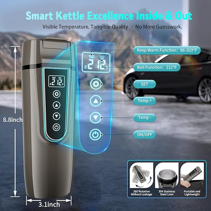 Car Electric Kettle for Travel : FVPE 12V/24V Small Electric Water Kettle, Multi-Temp Control 400 mL Portable Car Water Boiler for Brewing Coffee Tea,LCD Display 304 Stainless Steel Truck Heating Cup