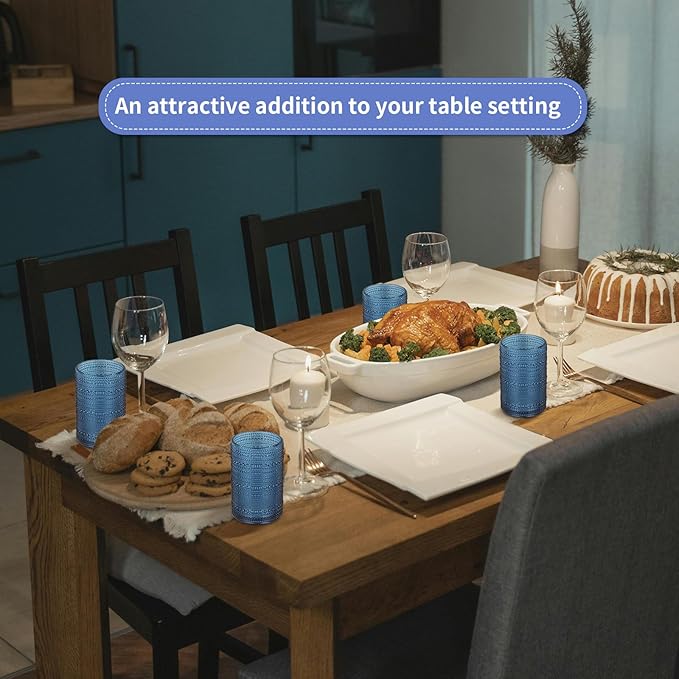 MOLIGOU 6 Pcs Embossed Drinking Glasses, 15oz Vintage Highball Glasses, Beaded Glass Drinking Cups (Blue)