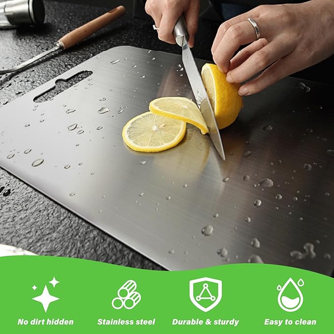 Stainless Steel Cutting Board, Double Sided Cutting Boards for Kitchen, SUS 316 Food-Grade Non Toxic Stainless Steel Chopping Board for Meat, Fruit and Vegetable (13.2 x 9.1 in)
