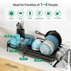 GSlife Large Expandable Dish Drying Rack - Dish Rack for Kitchen Counter with Metal Extension, Large Capacity(16.5" ~ 24.4" L) Dish Drainer with Pan Slots, Cup Holders, Black