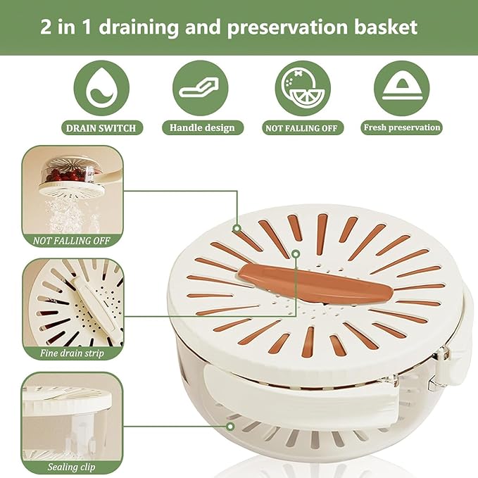 2 Pcs Multipurpose Drain Basket with Lid & Foldable Handle,2 in 1 Draining and Preservation Basket,Fruit Strainer Container with Lid for Fridge Freshness,Outdoor Picnics(1QT+1QT)