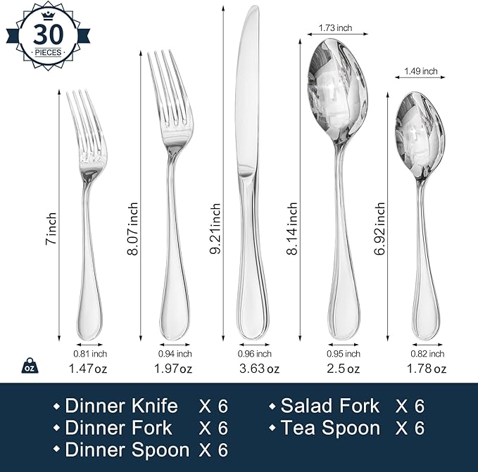 KINGSTONE 30 Piece Teardrop Silverware Set for 6, 18/10 Stainless Steel Flatware Set, Modern Design Cutlery Set for Home/Hotel/Wedding,Mirror Polished and Dishwasher Safe