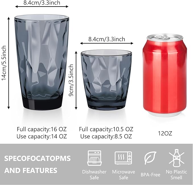 Topsky Plastic Tumblers Reusable,Shatter Proof Cups Drinking Glasses,Unbreakable Plastic Tumblers Beverage Acrylic Juice Wine Cups for Home Picnic Party,Dishwasher Safe,Stackable|10-oz&16-oz|Gray