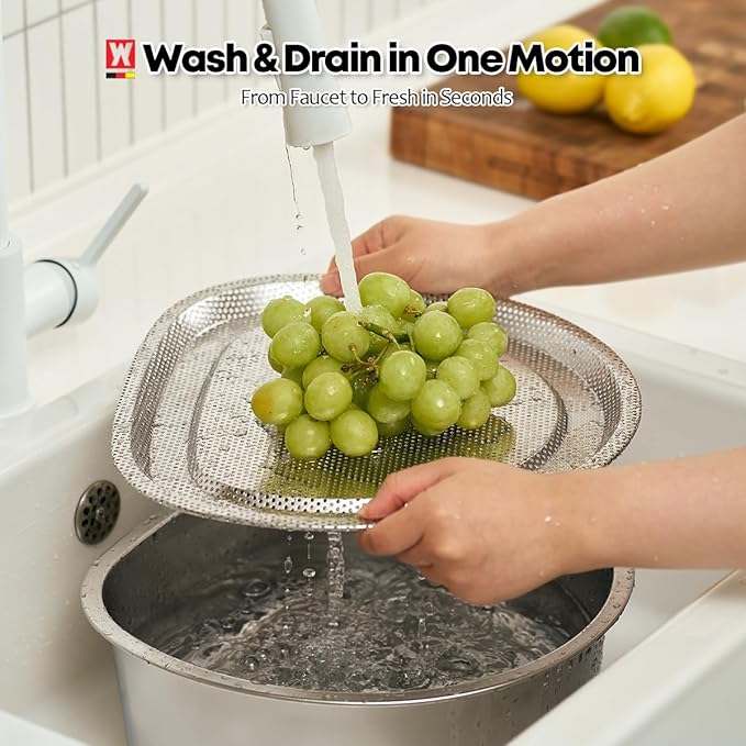 Stainless Steel Vegetables & Fruits Wash Strainer Colander, Perforated Tray, Mini Drying Rack for Dishes, Fitting Lid for Washing-up Bowl (300 x 320 x 16mm / 11.81 x 12.60 x 0.63inches)