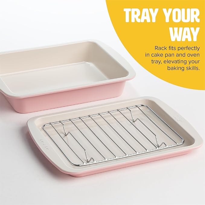 Tasty Nonstick Toaster Oven Baking Set Includes Cake Pan, Oven Tray, Rack, Carbon Steel Bakeware, 3-Piece Set, Pink