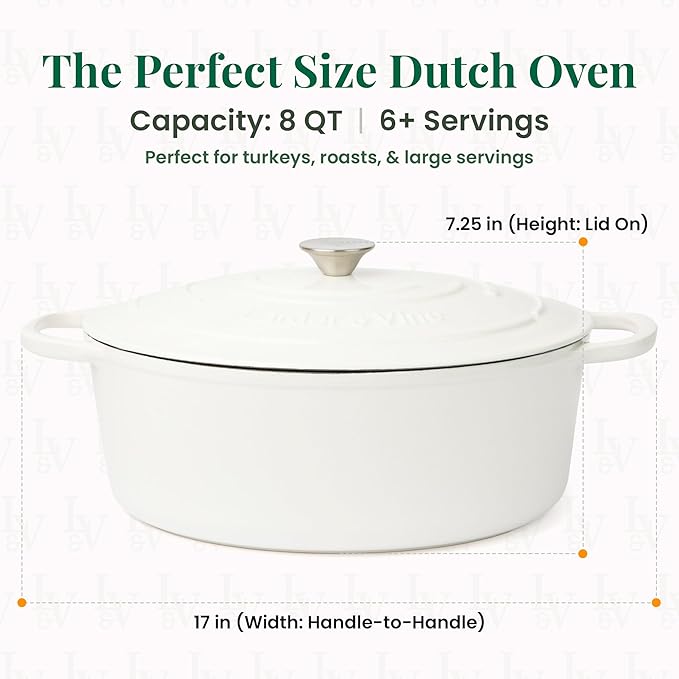 Larder & Vine Enameled Cast Iron 8 qt Dutch Oven Pot with Lid | Bread Baking | Compatible on All Cooktops & Oven Safe to 500° F | Great for Sourdough Bread | White