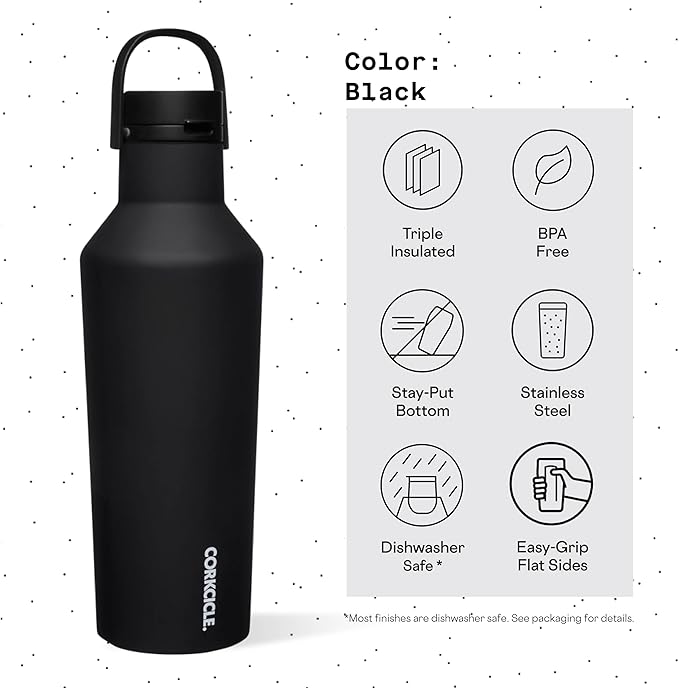 Corkcicle Sport Canteen Insulated Tumbler, Black, 32 oz – Reusable Water Bottle Keeps Beverages Cold for 25 Hours & Hot 12 Hours – Cupholder Friendly Tumbler with Screw-On Cap