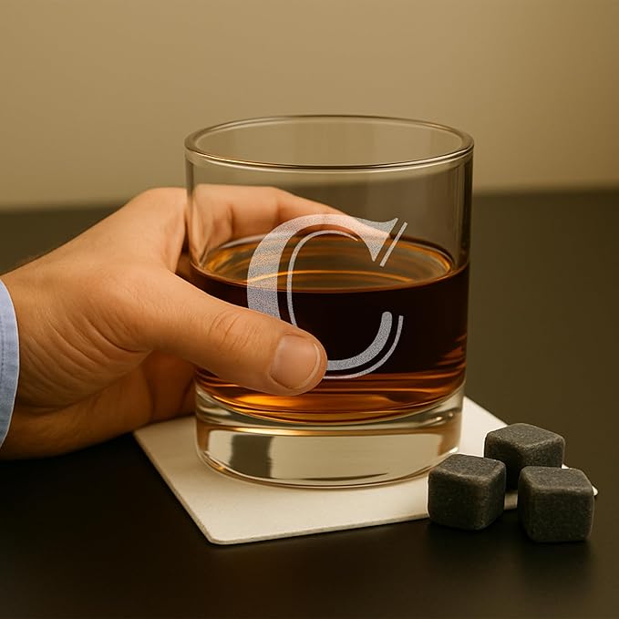 On The Rox Drinks (C-Monogram) - 4 Piece Set of 11 Ounce Engraved Heavy Base Rocks Glasses Elegant Glass-Multi-Purpose Beverage-Rocks Glass- Gift for any Occasion