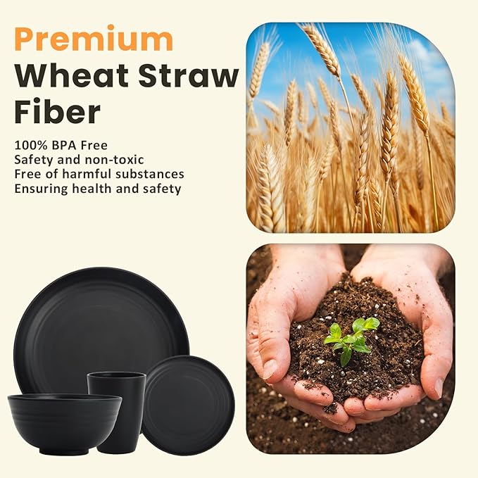 Homienly Wheat Straw Plates and Bowls Sets, Dishes Set for 8, Wheat Straw Dinnerware Set for Kitchen 32-Piece - Deep Plates Sets, Cereal Bowls with Drinking Cups, Microwave and Dishwasher Safe, Black
