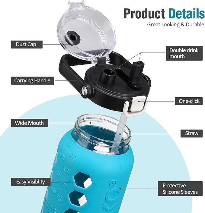 MUKOKO Half Gallon/64 oz Glass Water Bottles with Straw and Lid,Motivational Water Jug with Time Marker Reminder and Silicone Sleeve,100% Leakproof BPA Free Fitness Sports Large Bottle-Teal