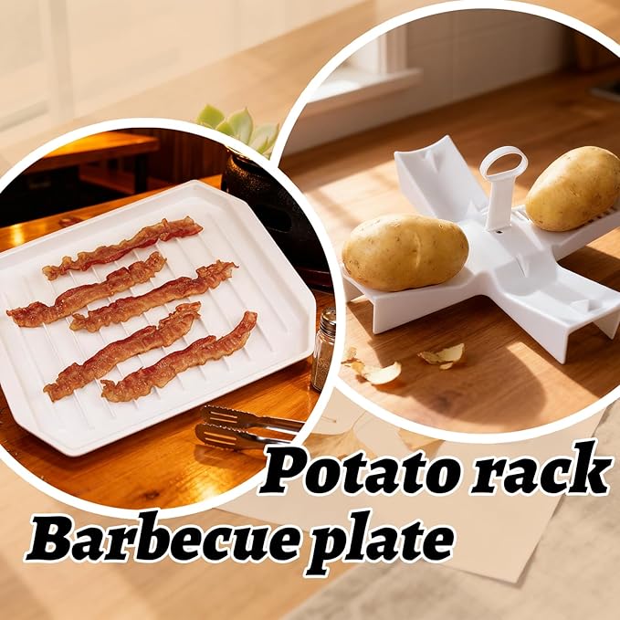 4-Piece Microwave Breakfast Set, Non-Stick Microwave Egg Poacher, Omelette Maker, Microwave Bacon Cooker & Microwave Baked Potato Cooker - Easy To Use For Quick Morning Meals(White)