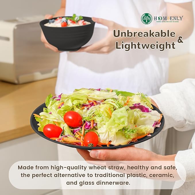 Homienly 40-Pieces Wheat Straw Dinnerware Set, Kitchen Plastic Wheat Straw Dinnerware Set - Service for 8, Unbreakable Lightweight Dish Set for Kitchen, Camping - Plates Set, Bowls, Cups Set(Black)