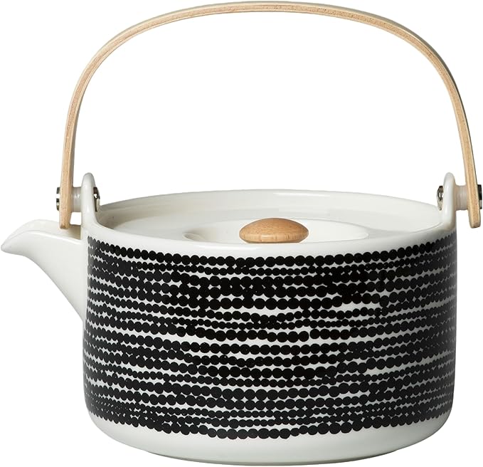 MARIMEKKO Oiva Räsymatto Stoneware Teapot — Refine Your Kitchen Décor with Our Iconic Black & White Stoneware — Stylish Ceramic Teapot with Tea Infuser Lid (26.63 oz)