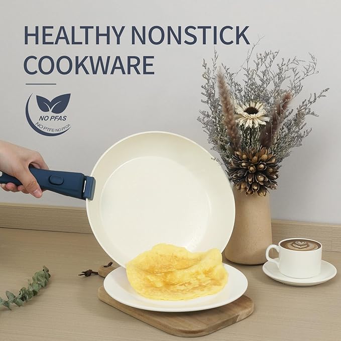 23pcs Ceramic Pots and Pans Set, Nonstick Detachable Handle Cookware, Induction Kitchen Cooking Set with Removable Handle,include Frying Pans & Saucepans Oven Safe(Blue)